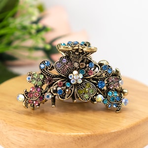Rainbow Crystal Floral Hair Clip - Elegant Rhinestone Flower Hair Pin for Colorful Boho & Formal Hairstyles