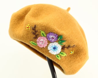 Hand Embroidered 100% Wool Flower Beret French Hat Winter Cap Warm Beret