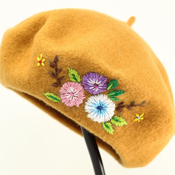 Béret fleuri 100 % laine brodé à la main, chapeau français, bonnet d'hiver, béret chaud