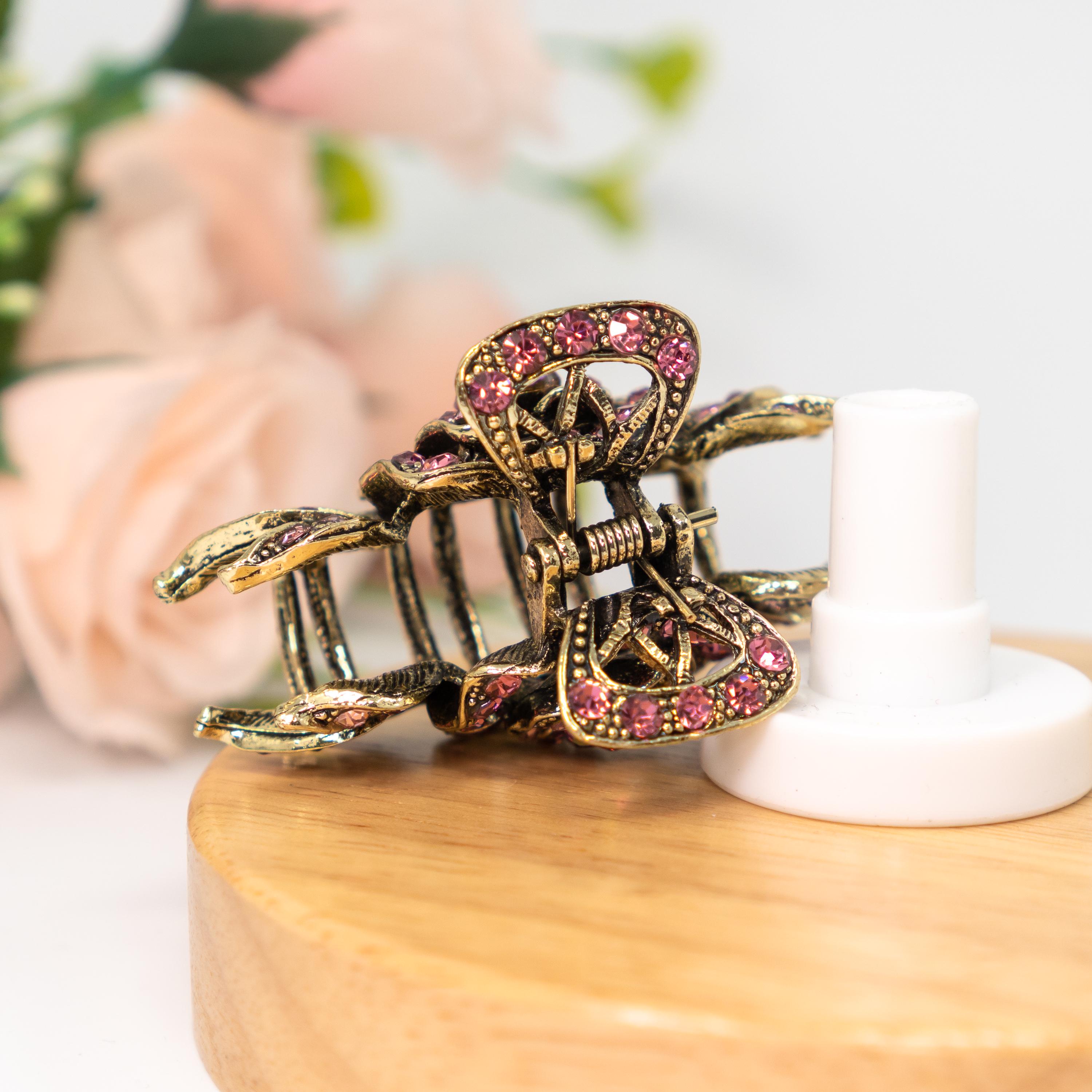 Vintage Elegant Gold and Pink Floral Hair Clip with Sparkling Rhinestones accent Vintage Rose Crystal Hair Clip - Sparkling Rhinestone Floral  main image 4