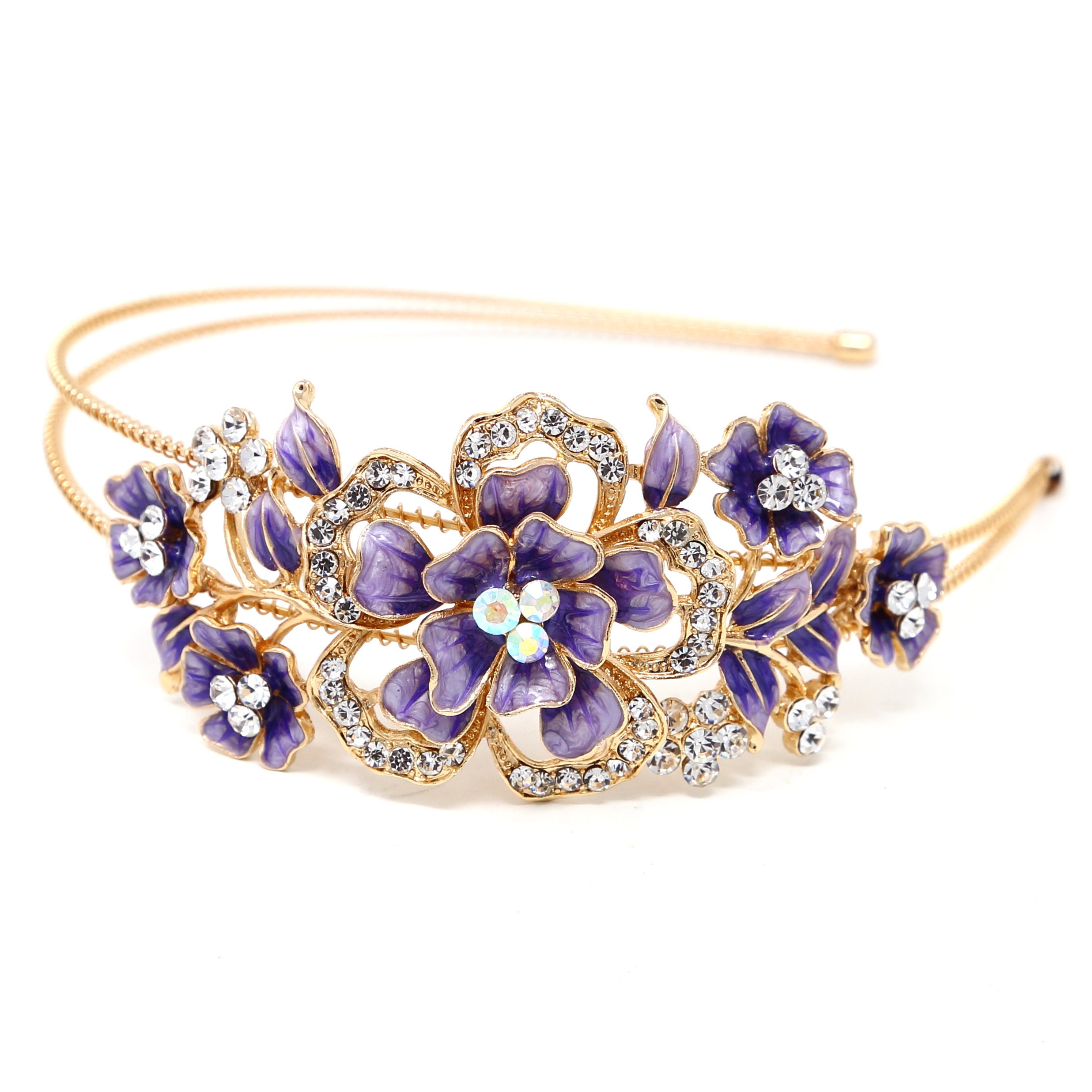 woman wedding purple color Crystal Metal big flowers headband headwear