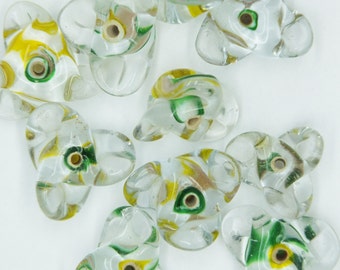 Pack of 10 Made in India. Glass Beads Pink Green Clear Color Lined Wavy 12mm