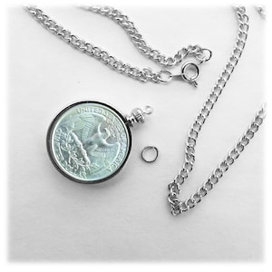 Coin Holder Bezel Quarter USA 25 cent Silver Tone Link Necklace 24&quot; Chain Kit Parts