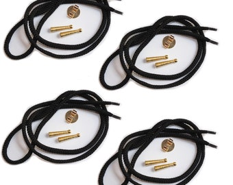 May include: Four sets of black boot laces with gold metal tips and a gold metal clip. Each set includes two laces, two tips, and one clip.