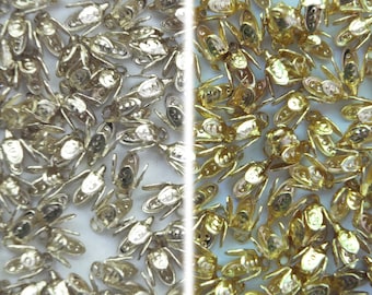 Small Leaf Bell Caps Bails Pliable Prongs. Silver or Gold Tone. Loop for hanging. Pk of 100 Approx 5mm