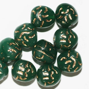 Gilded Green Barrel Czech Pressed Glass Beads 12mm (pack of 10)