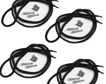 May include: Four sets of black shoelaces with metal aglets and metal clasps. Each set includes a pair of laces, two aglets, and a clasp. The laces are thick and round, suitable for various types of footwear.