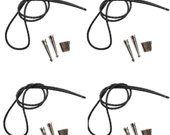 May include: Four sets of black bolo ties with silver tips and clasps. Each set includes a bolo tie cord and two silver tips.