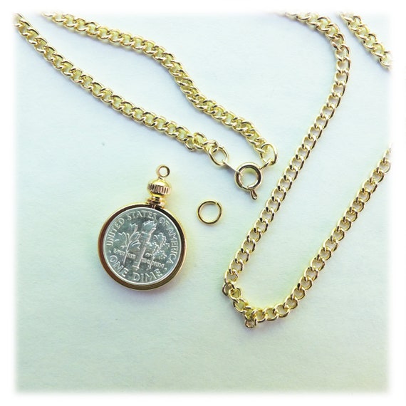 Coin Holder Bezel Dime USA 10 Cent Gold Plated Link Necklace 24