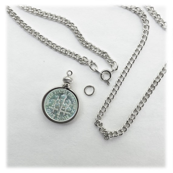 Coin Holder Bezel Dime USA 10 Cent Silver Tone Link Necklace 24