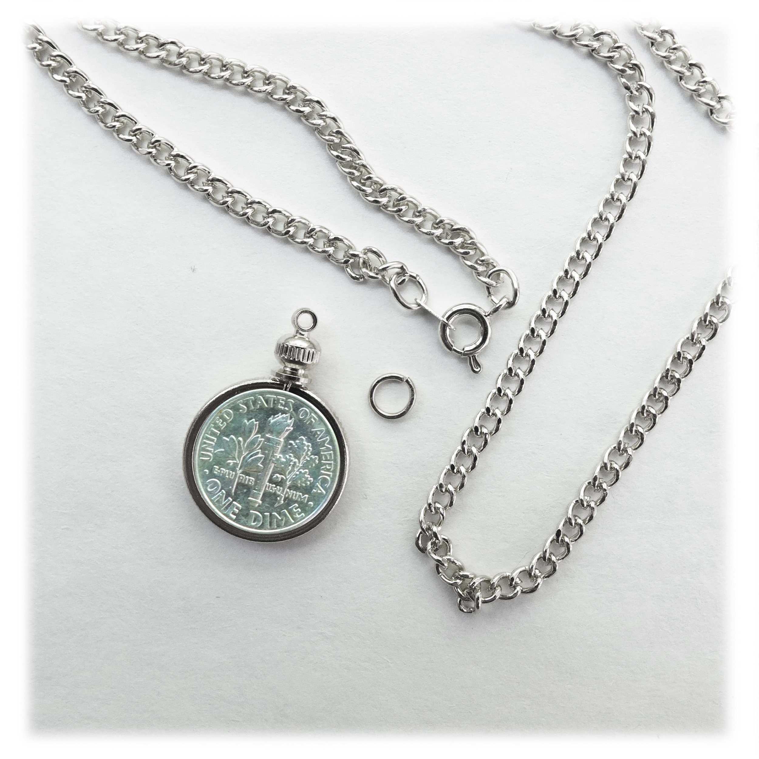 Coin Holder Bezel Dime USA 10 Cent Silver Tone Link Necklace 24