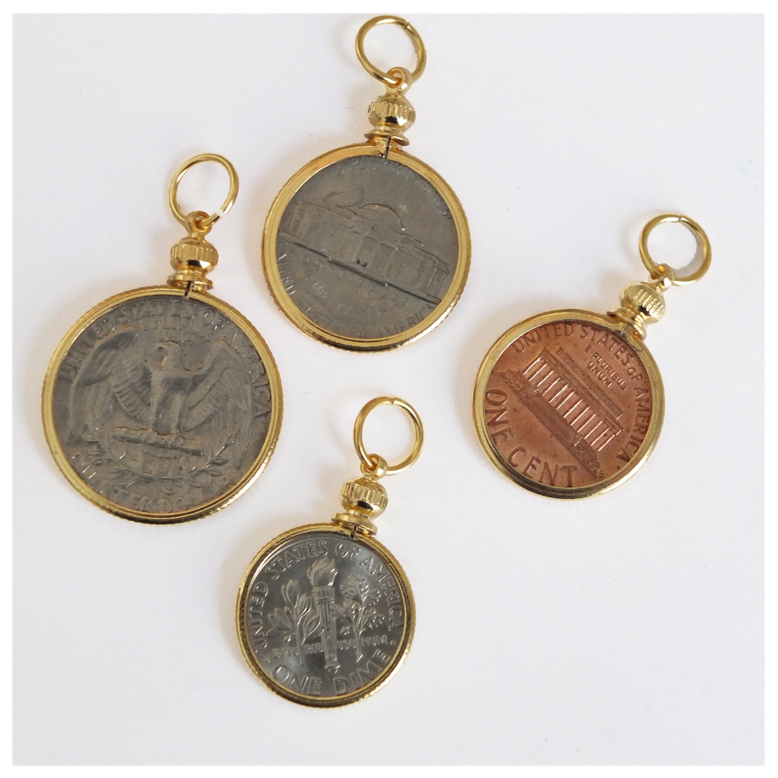Coin Holders Bezel USA Penny Nickel Dime Quarter Set of 4 Gold