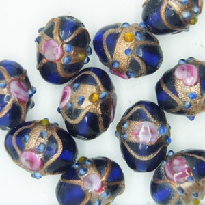 Glasperlen blau Transparent vergoldete florale Oval 17x12mm. 10er Pack. In Indien gemacht.