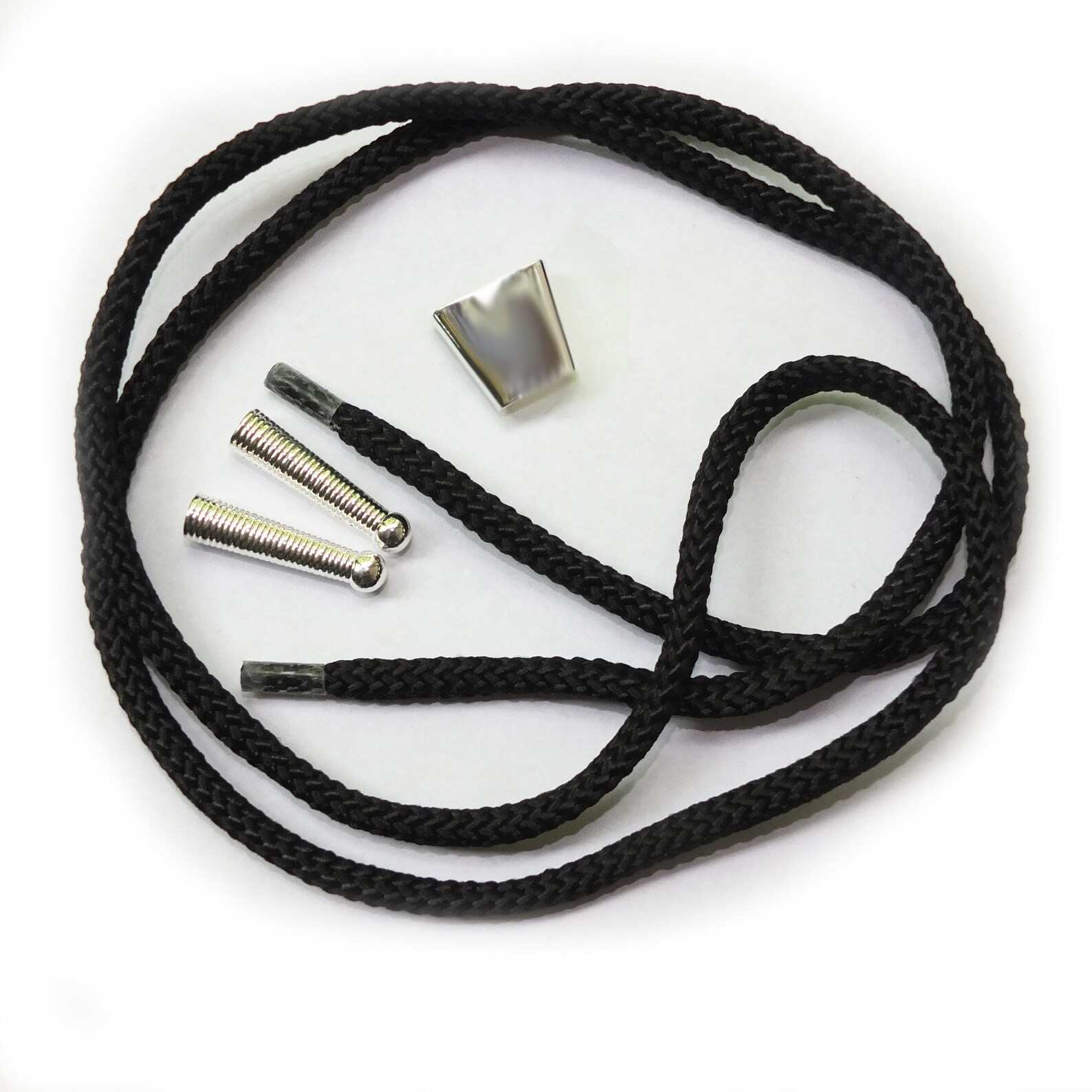 Blank Bolo Tie Parts Kit Round Slide Textured Tips Black Cord DIY Silver Tone Supplies