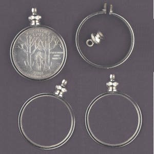 May include: Four silver coin frames with a silver bail and a silver cap. The frames are designed to hold a quarter dollar coin. The coin frame is a popular way to display a coin as a pendant.
