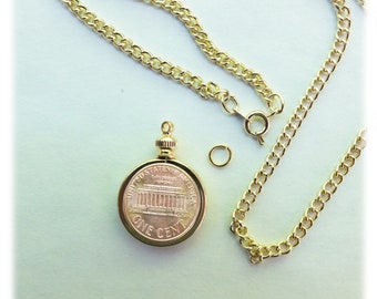 Coin Holder Bezel Penny USA 1 cent Link Gold Plated Necklace 24" Chain Kit Parts