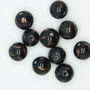 Glass Beads Black Gold Opaque Round 10mm. Pack of 10. Made in India.