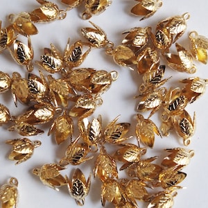 Leaf Bell Caps Bail Four Pliable Prongs. Loop for hanging. Gold Tone Pack of 50