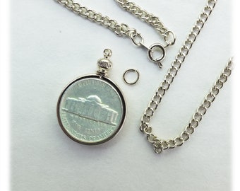 Naszyjnik z ogniwami w kolorze srebra, oprawa uchwytu na monety, nikiel, USA, 5 centów, 24-calowy zestaw części