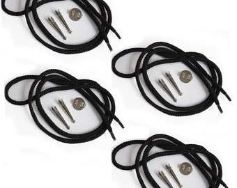 May include: Four black bolo tie sets. Each set includes a braided black cord, two silver-colored metal tips, and a round silver-colored metal slide. The sets are arranged on a white background.