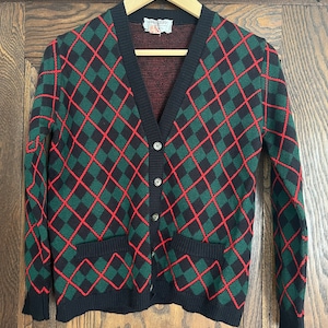 Cárdigan vintage de lana a cuadros con botones de Jaeger, años 70 y 80