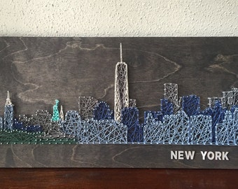 Sztuka Nowego Jorku - Panorama Nowego Jorku Sztuka sznurkowa - Dolny Manhattan - Sztuka na Manhattanie - Panorama Dolnego Manhattanu - Wieża Wolności