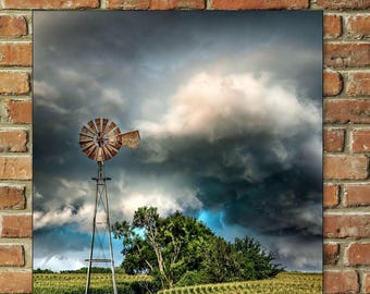 Windmill Photo, Prairie Windmill, Rural Storm, Nebraska Cornfield, Farm Scene, Wall Decor Gift, Sky Photo, Wall Art, Dempster Windmill