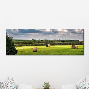 Cornfield, Hay Bales, Rural Farm Photo, Nebraska Corn, Large Canvas Wrap, Nebraska Clouds, Living Room Art, Panorama Art, Midwest Farm