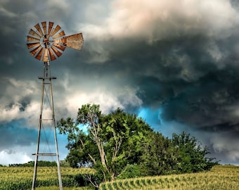 Windmill Photo, Prairie Windmill, Rural Storm, Nebraska Cornfield, Farm Scene, Storrmy Sky Photo, Living Room Art, Dempster Windmill