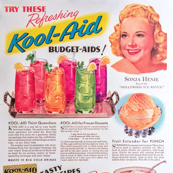 Kool Aid Ad Sign, Sonja Henie Ad, Giclee Vintage Wall Art, Children's Room Decor, Retro Lunch, Collectibles, 1960s, 1950s Nostalgia