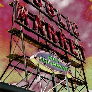 Seattle Pike Place Market , Modern Rustic, Fish Decor, Seattle Wall Art, Art Deco, Fish Market, Home Decor, Large Wall Art