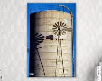 Nebraska Grain Silo, Nebraska Windmill Decor, Blue Star Family, Farm Scene, Americana Patriotic Art. Living Room Art, Midwest Farm