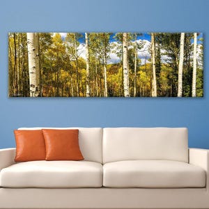 May include: A panoramic canvas print of a forest scene with tall, white-barked trees and yellow and green foliage. The sky is blue with white clouds. The print is displayed above a white sofa with orange throw pillows.