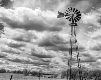 Midwest Windmill, Farm Photo, Prairie Windmill, Rural Landscape, Great Plains, Americana, Home Decor, Farm Photo, Infrared Black and White