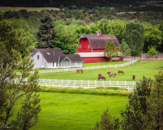 Red Barn Rustic Horse Farm Horse Ranch Old West Horses Etsy