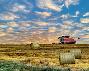 Nebraska Farm, Hay Bales, Case IH Combine, Rural Harvest, Great Plains, Farm, Americana, Home Decor, Living Room Art, Rural Sunset