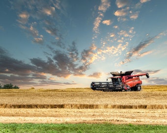 Grain Harvest, Nebraska Sunset, Wheat Harvest, Case Harvester, Great Plains Photo, Rural Farm Decor, Wall Art, Living Room Art