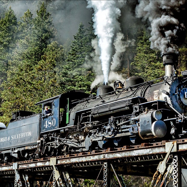 Steam Train on Bridge, Durango Narrow Gauge Train, Rustic Print, Train Art, Living Room Art, Vintage Steam Locomotive, Silverton Train