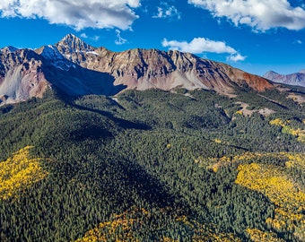 Mt Wilson Photo, Telluride Colorado, Colorado Fall Color, Aerial Photo, Blue and Gold, Cabin Decor, Nature Photography, Living Room Art