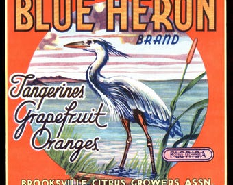Blue Heron Orange Crate Label, Brooksville Florida Citrus Growers, Tangerines Grapefruit Label, Home Decor, Wall Art, 1950s Art, Dad Gift