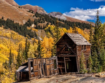 Colorado Ghost Town, Guston Gold Mine, Ouray, Colorado Autumn,  Aspen Fall Color, Red Mountain Ouray, Gift for Him, Living Room Art