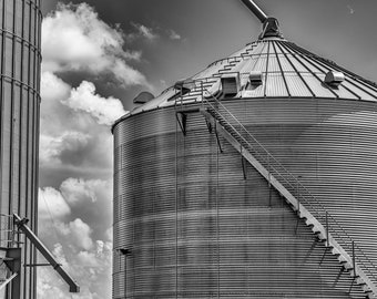 Nebraska Grain Bins, Rural Nebraska, Harvest Bins, Grain Elevator, Great Plains, Nebraska Black and White, Farm, Americana, Home Decor