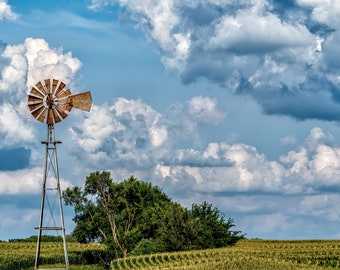 Windmill Art Photo, Vintage Prairie Windmill, Nebraska Cornfield, Farm Scene, Americana, Rustic Office Decor, Living Room Art , Dempster