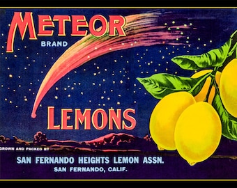 Meteor Lemons, San Fernando Lemons, California Lemons, Fruit Crate Label, Kitchen Decor, Home Decor, Wall Art, Gift for Her
