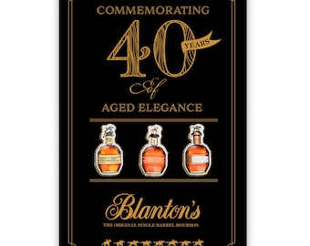 Könnte beinhalten: Schwarzes Poster zum 40-jährigen Jubiläum von Blanton's Bourbon. Es zeigt drei Flaschen, goldenen Text und das Markenlogo. Der Text "1984-2024" ist ebenfalls zu sehen, sowie die Worte "Aged Elegance".