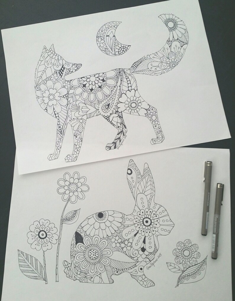 Fox and Rabbit Adult Colouring Pages | Etsy