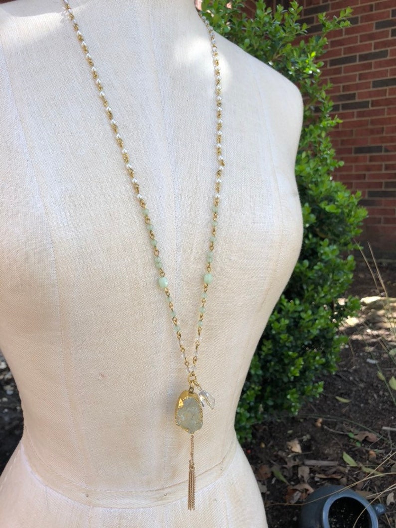 Dainty Necklace Green Necklace Elegant Spring Jewelry Green Stone Pendant Gold Chain Tassel Necklace