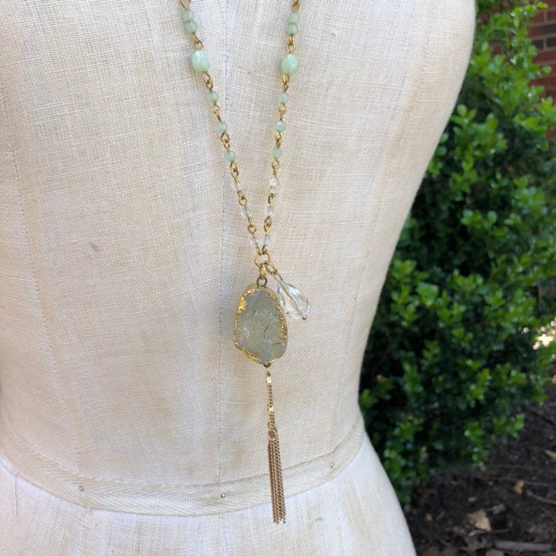 Dainty Necklace Green Necklace Elegant Spring Jewelry Green Stone Pendant Gold Chain Tassel Necklace