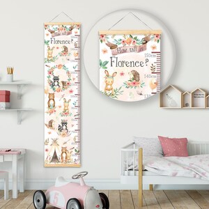 Tabla de crecimiento/altura personalizada - Animales bohemios - Hermosa decoración de pared para dormitorio y guardería - Impresa en una tela de lujo - Recuerdo ideal