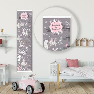Gepersonaliseerde hoogte/ groeigrafiek - Bunny Rabbits - Beautiful Nursery & Bedroom Wall Decor - Bedrukt op een luxe stof - Ideale Aandenken
